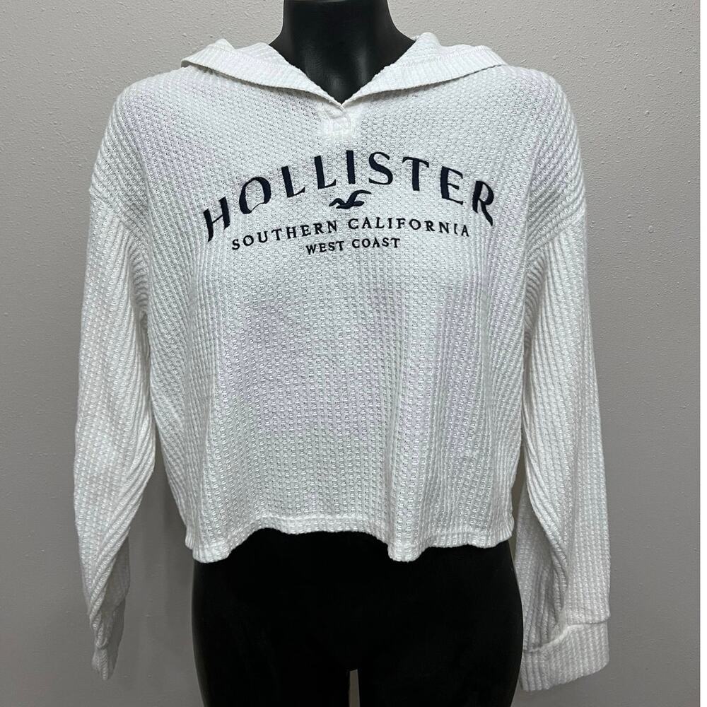 Hollister Cropped Waffle Knit Hoodie Sz XL Blue Embroidered - Picture 1 of 6